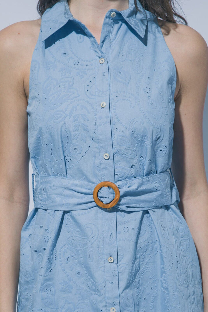 WOMEN'S SLEEVELESS BUTTON UP BELTED EYELET MINI DRESS