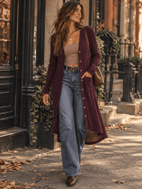 WOMEN'S LONG SLEEVE BUTTON UP FRONT POCKETS HIGH-LOW CARDIGAN