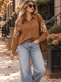 WOMEN'S LONG SLEEVE BUTTON UP EMBROIDERY DETAILED BLOUSE