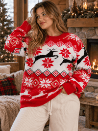PLUS SIZE LONG SLEEVE HOLIDAY PRINT PULLOVER SWEATER