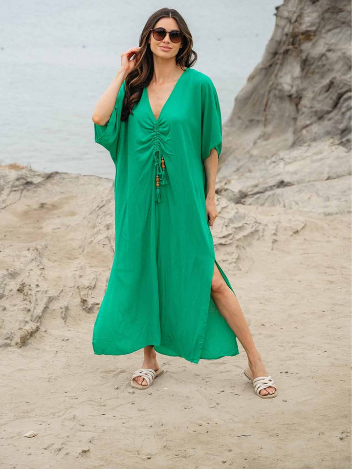 WOMEN'S SHORT SLEEVE V-NECK RUCHED TUNIC MAXI DRESS