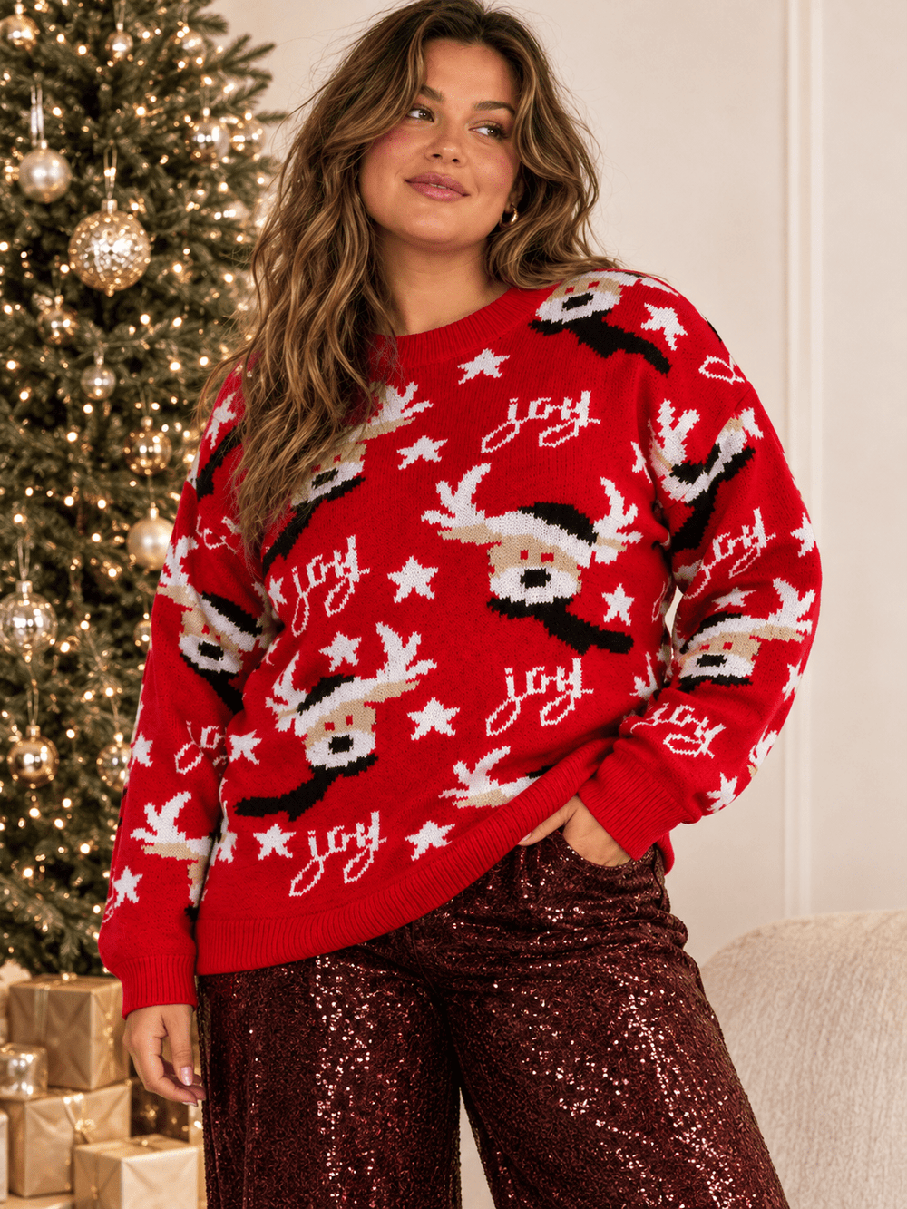 PLUS SIZE LONG SLEEVE HOLIDAY PRINT JOY PULLOVER SWEATER