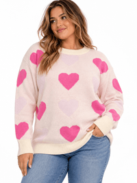 PLUS SIZE LONG SLEEVE HEARTS PRINT PULLOVER COLORBLOCK SWEATER