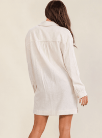 WOMEN'S LONG SLEEVE V-NECK BUTTON UP FRONT POCKETS LINEN MINI DRESS