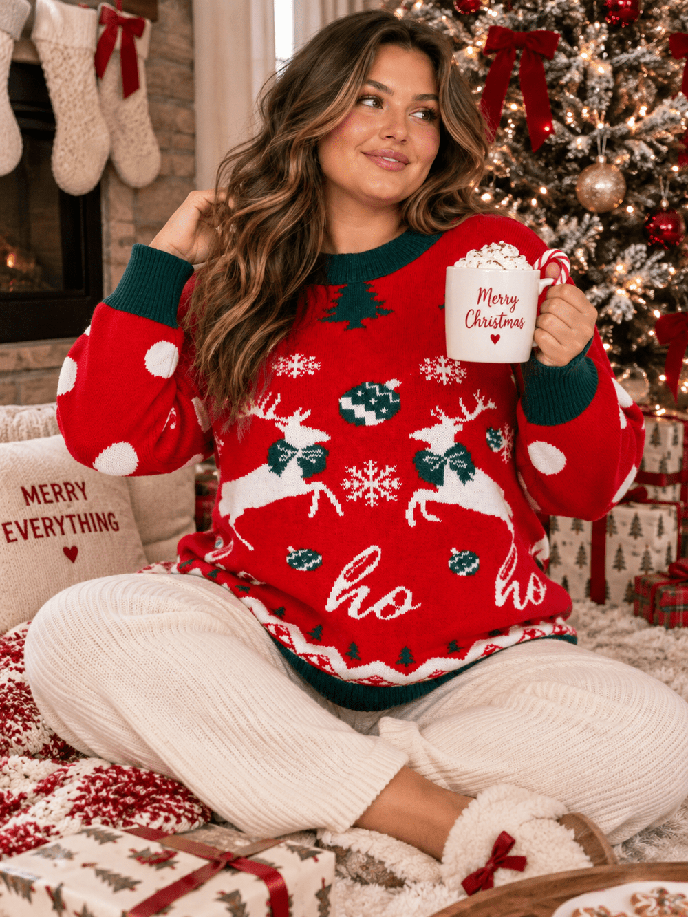 PLUS SIZE LONG SLEEVE HOLIDAY PRINT PULLOVER SWEATER
