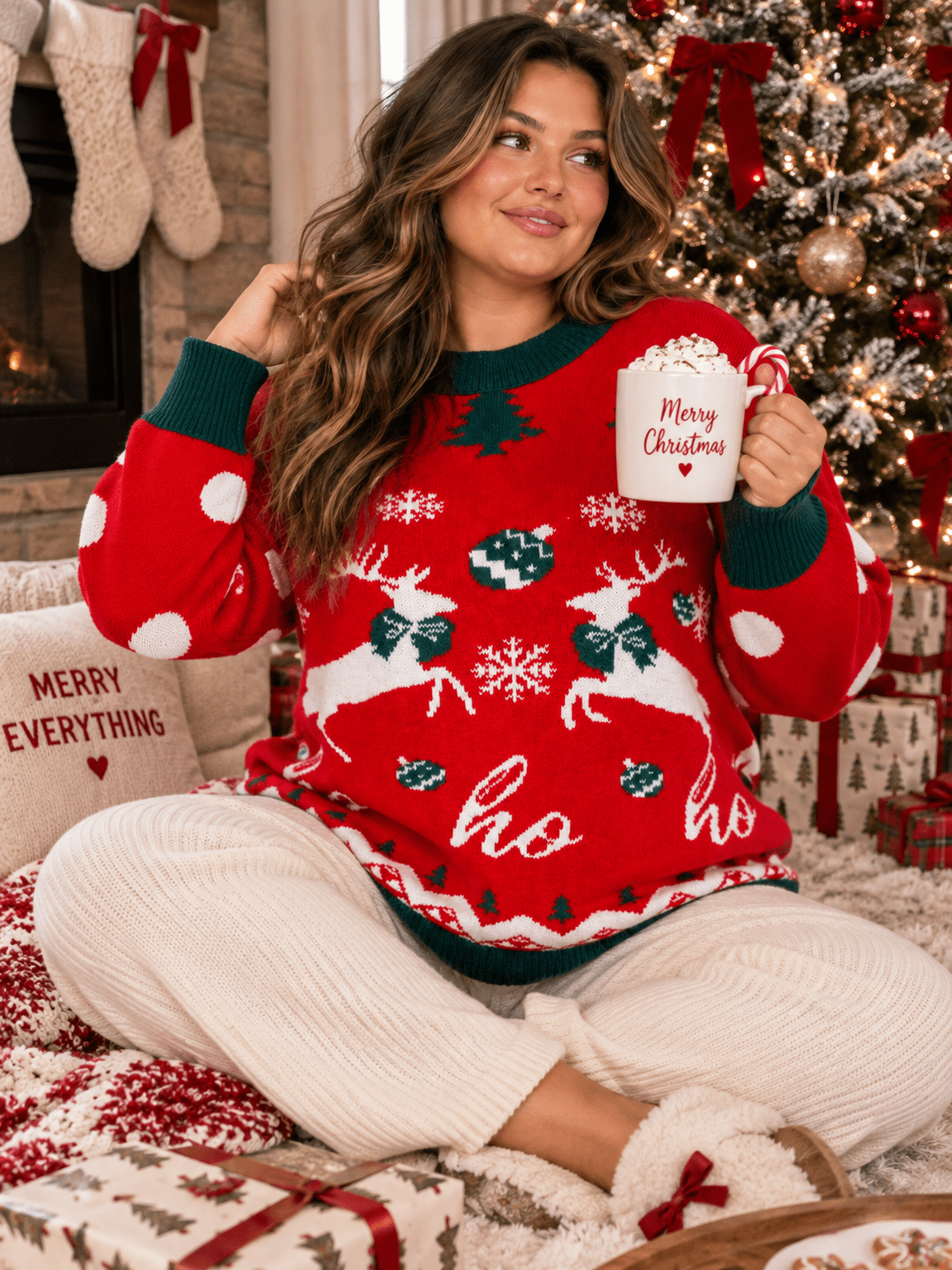 PLUS SIZE LONG SLEEVE HOLIDAY PRINT PULLOVER SWEATER