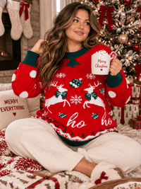 PLUS SIZE LONG SLEEVE HOLIDAY PRINT PULLOVER SWEATER