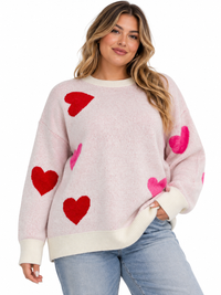 PLUS SIZE LONG SLEEVE HEARTS GRAPHIC PULLOVER SWEATER