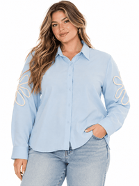 PLUS SIZE LONG SLEEVE BUTTON UP EMBROIDERY DETAILED BLOUSE