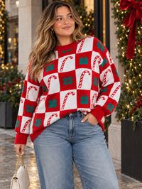 PLUS SIZE LONG SLEEVE HOLIDAY PRINT PULLOVER SWEATER