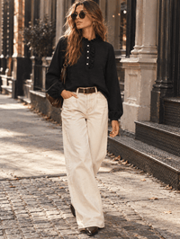 WOMEN'S LONG SLEEVE RUFFLE NECK BUTTON UP BLOUSE