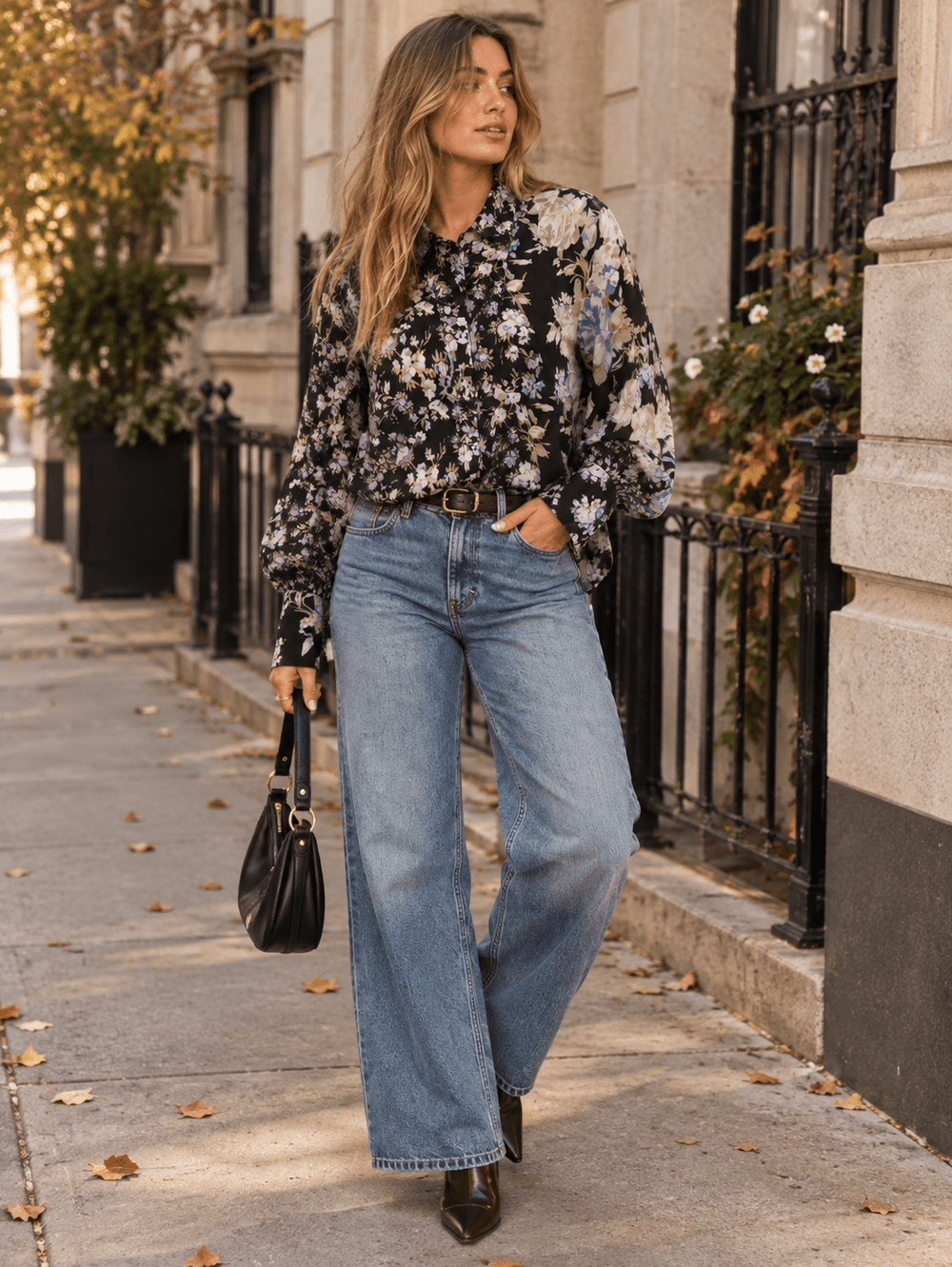 WOMEN'S LONG SLEEVE MOCK NECK FLORAL PRINT BLOUSE