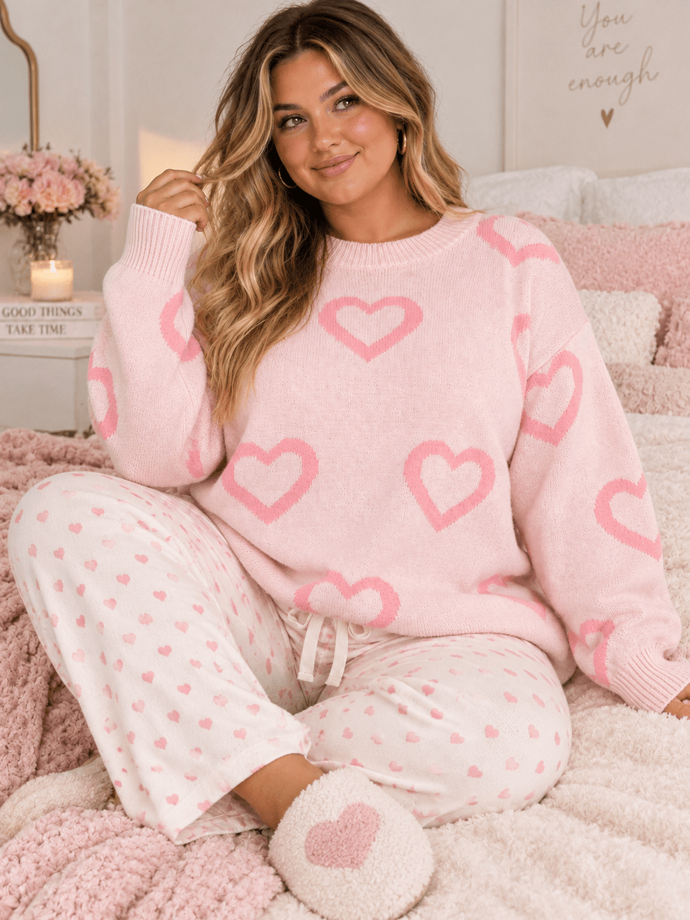 PLUS SIZE LONG SLEEVE HEARTS PRINT PULLOVER COLORBLOCK SWEATER