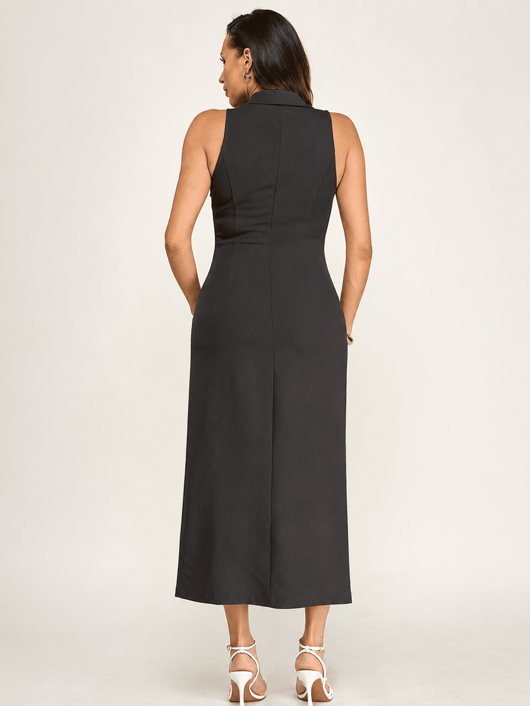 WOMEN'S SLEEVELESS V-NECK BUTTON UP MAXI DRESS