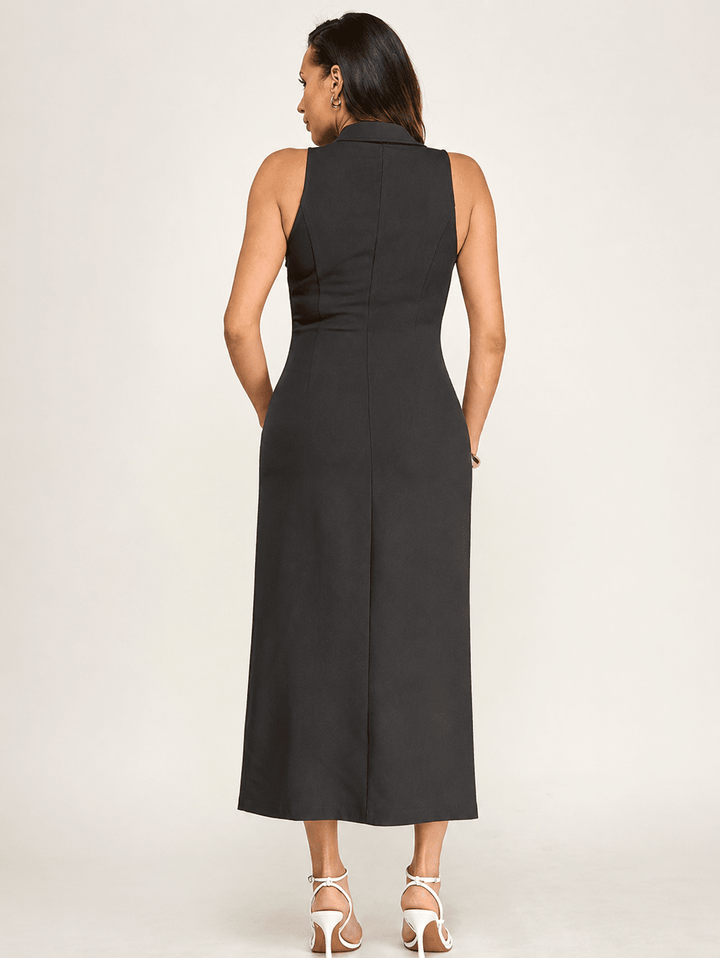 WOMEN'S SLEEVELESS V-NECK BUTTON UP MAXI DRESS