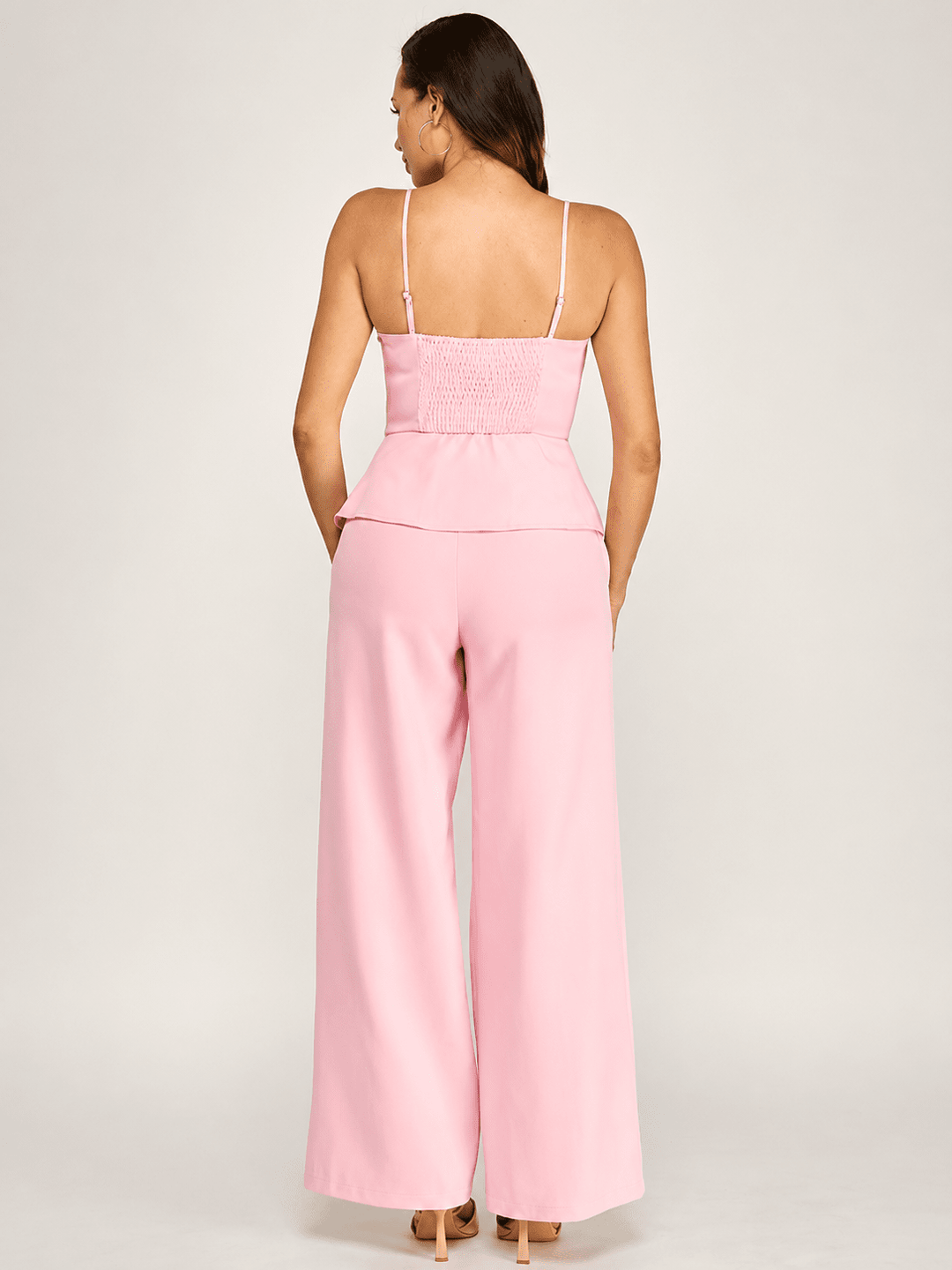 WOMEN'S SLEEVELESS V-NECK PEPLUM TOP & ZIP UP POCKETS WIDE LEG PANTS 2PC. SET