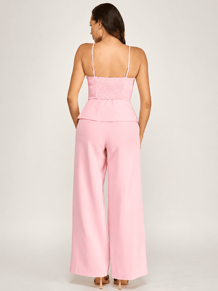 WOMEN'S SLEEVELESS V-NECK PEPLUM TOP & ZIP UP POCKETS WIDE LEG PANTS 2PC. SET