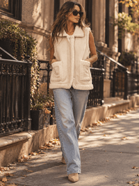 WOMEN'S SLEEVELESS ZIP UP FRONT POCKETS SHERPA CONTRAST VEST