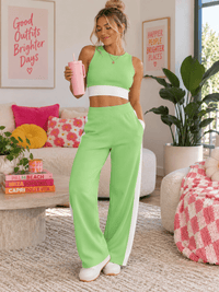 WOMEN'S SLEEVELESS CROP TOP & ELASTIC WAIST WIDE LEG PANTS COLORBLOCK 2PC. SET