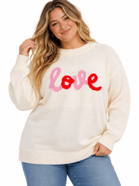 PLUS SIZE LONG SLEEVE LOVE PRINT PULLOVER COLORBLOCK SWEATER