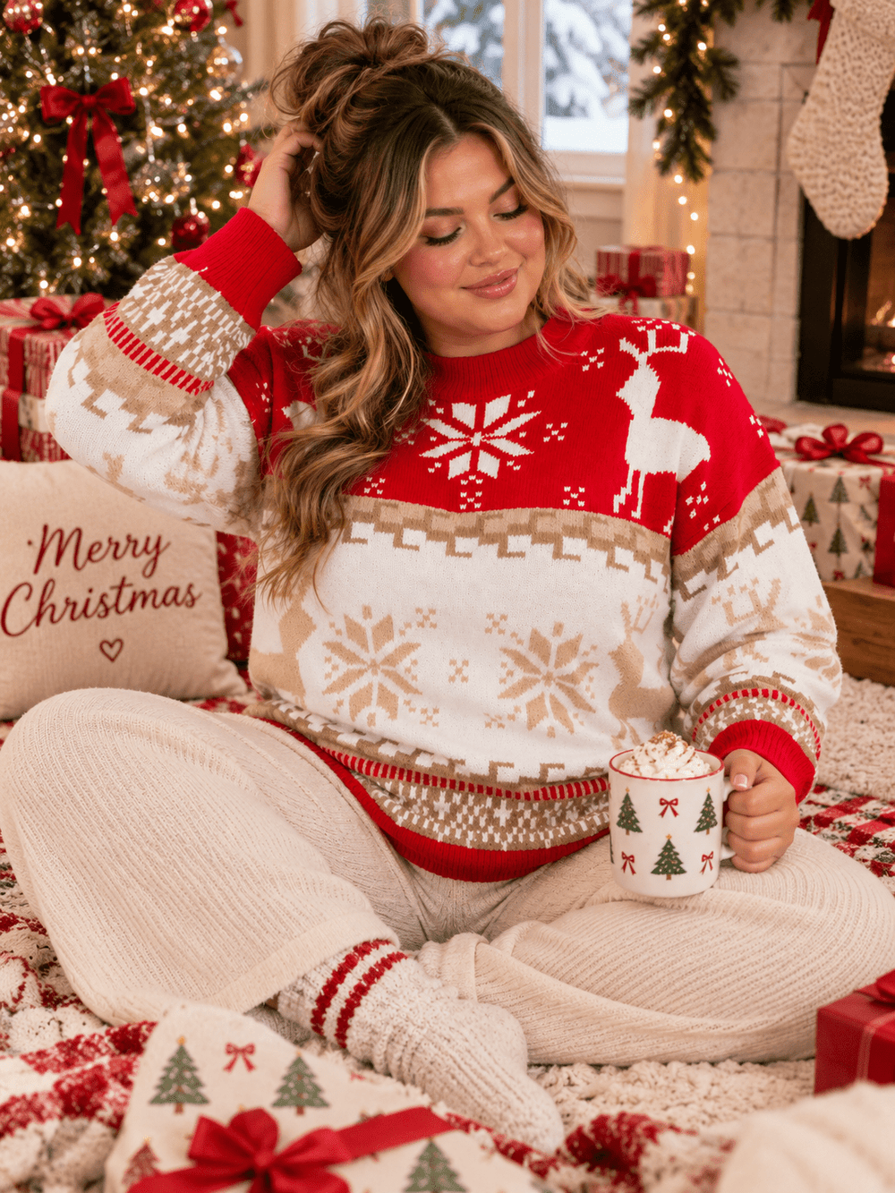 PLUS SIZE LONG SLEEVE HOLIDAY PRINT PULLOVER SWEATER