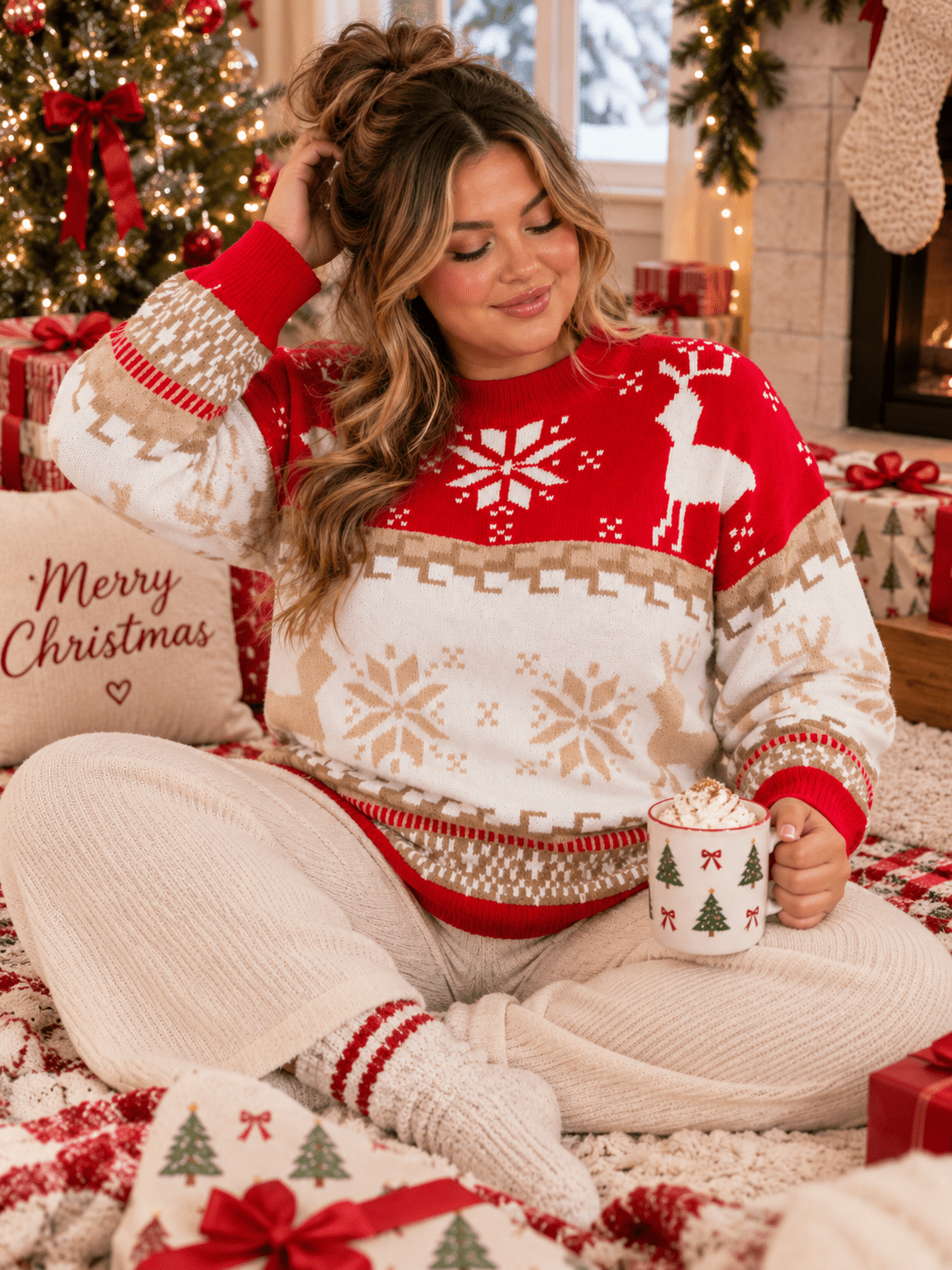 PLUS SIZE LONG SLEEVE HOLIDAY PRINT PULLOVER SWEATER