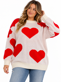 PLUS SIZE LONG SLEEVE HEARTS GRAPHIC PULLOVER SWEATER