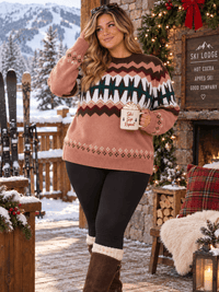 PLUS SIZE LONG SLEEVE MULTI PRINT PULLOVER SWEATER
