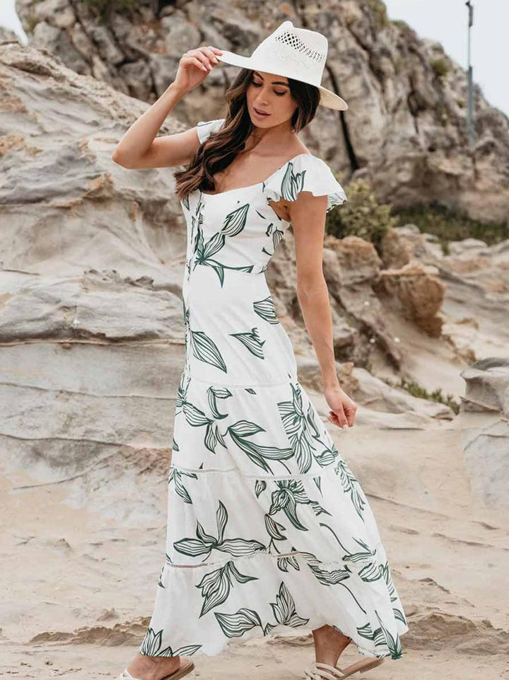 WOMEN'S RUFFLE SLEEVE TIERED BUTTON UP LEAF PRINT MAXI DRESS