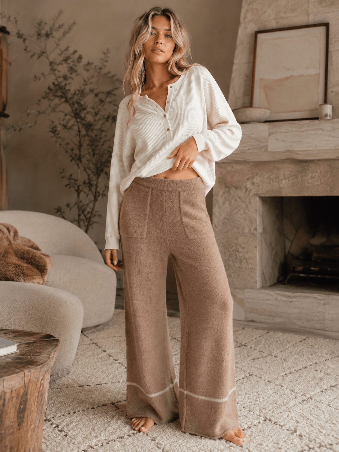 WOMEN'S ELASTIC WAIST FRONT POCKETS WIDE LEG PANTS