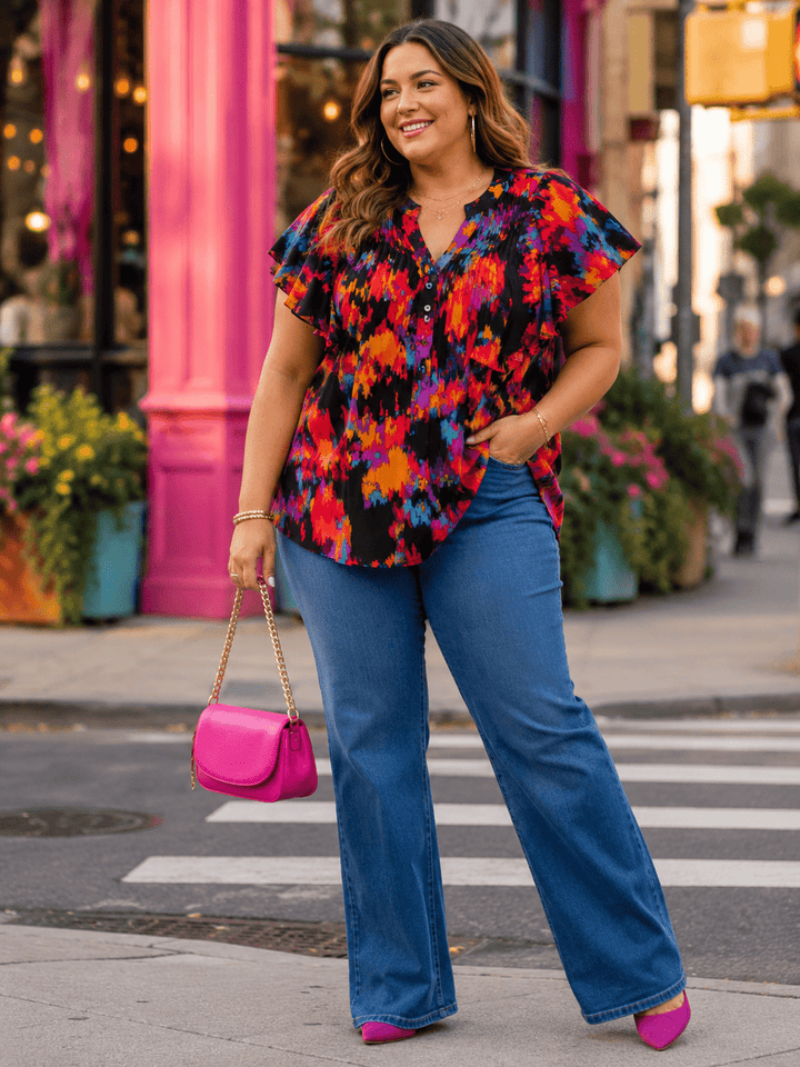 PLUS SIZE SHORT SLEEVE V-NECK MULTI PRINT PLEATED BLOUSE
