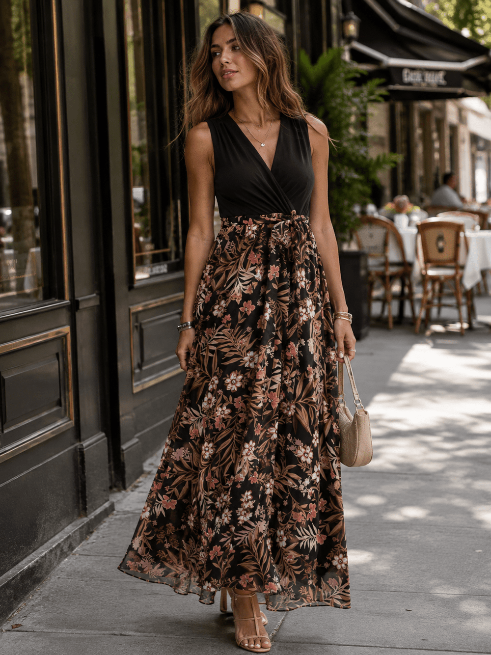WOMEN'S SLEEVELESS SURPLICE SELF TIE RUFFLE FLORAL MAXI DRESS