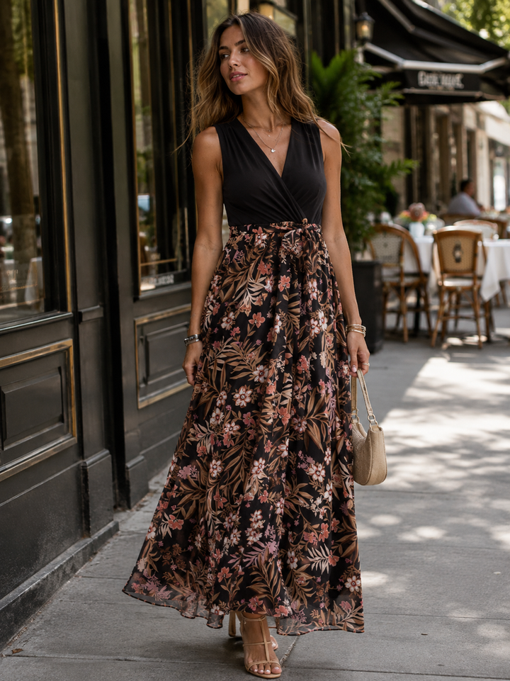 WOMEN'S SLEEVELESS SURPLICE SELF TIE RUFFLE FLORAL MAXI DRESS