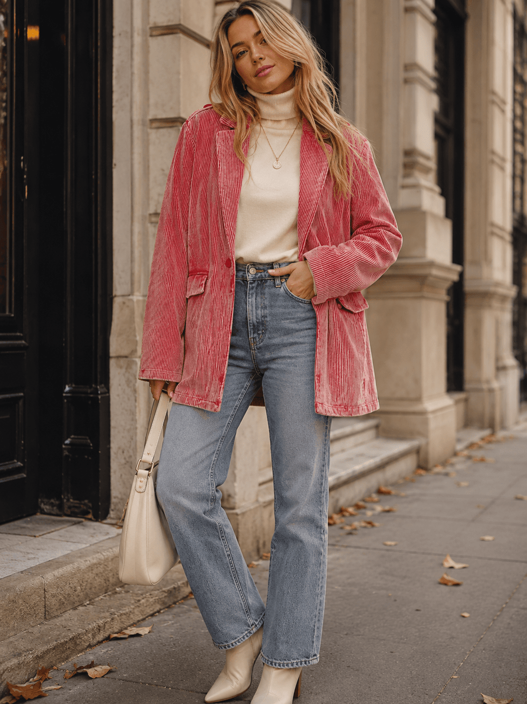 WOMEN'S LONG SLEEVE BUTTON CLOSURE FRONT POCKETS CORDUROY BLAZER