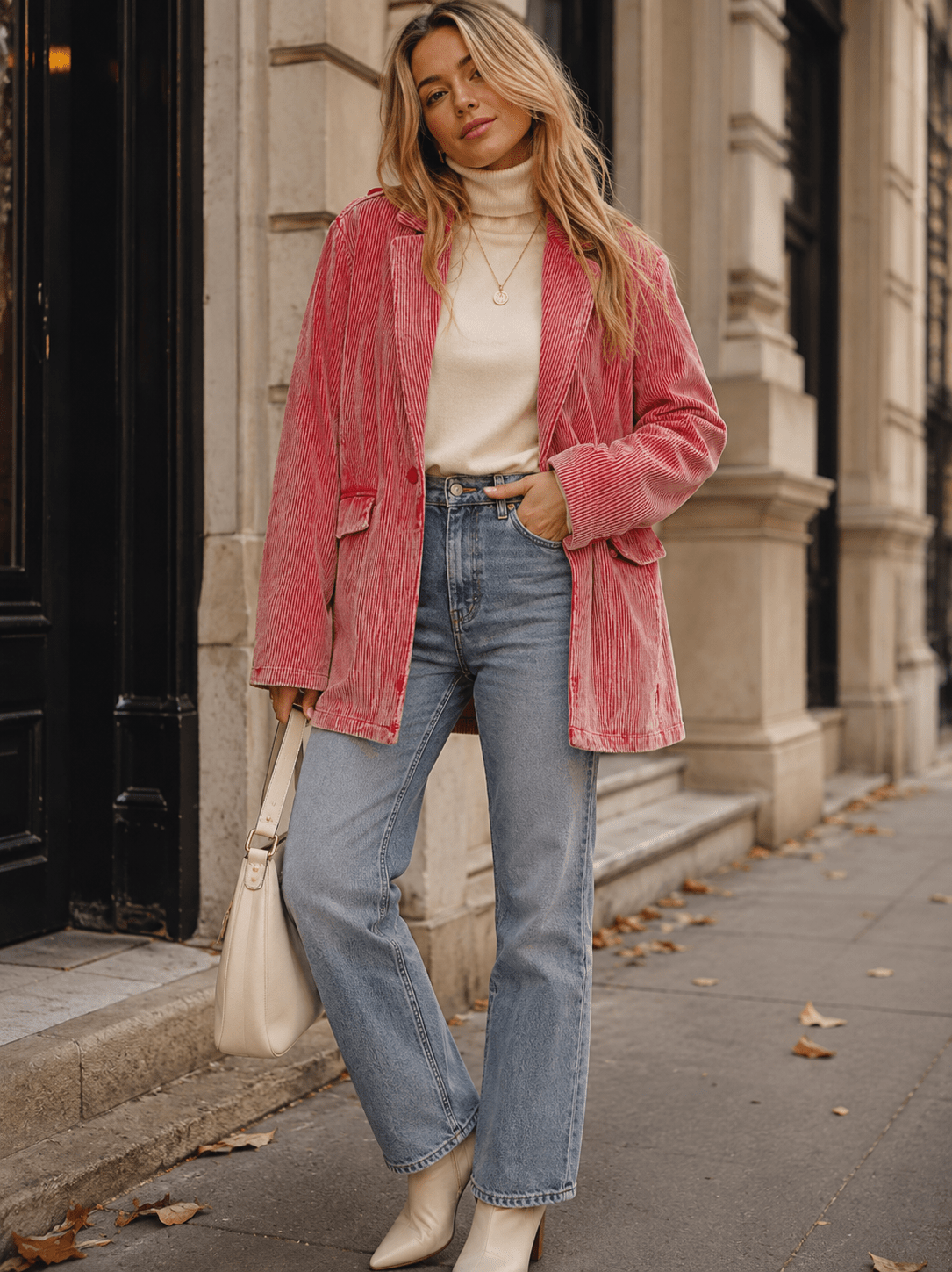 WOMEN'S LONG SLEEVE BUTTON CLOSURE FRONT POCKETS CORDUROY BLAZER