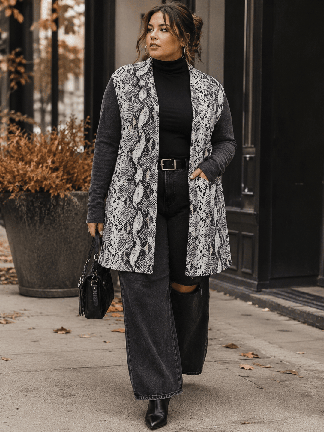 PLUS SIZE LONG SLEEVE OPEN FRONT POCKETS ANIMAL PRINT STRIPES CARDIGAN