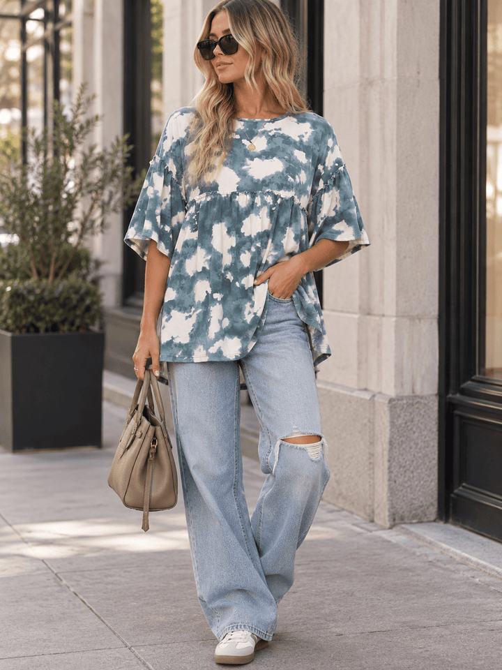 ENTRO WOMEN'S SHORT RUFFLE SLEEVE TIE DYE TUNIC BLOUSE