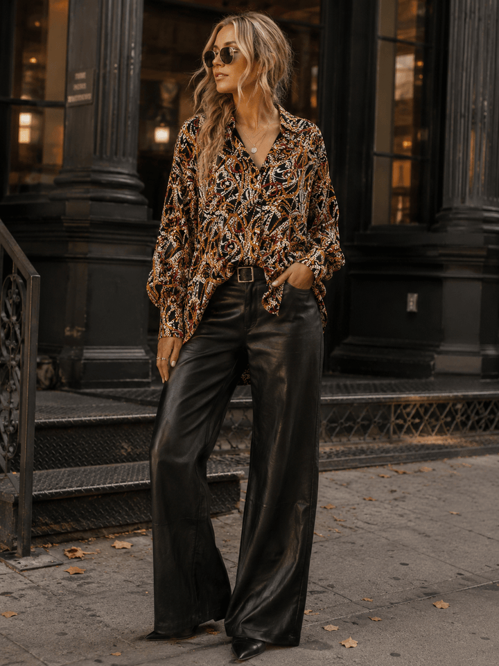 WOMEN'S LONG SLEEVE BUTTON UP V-NECK MULTI PRINT BLOUSE