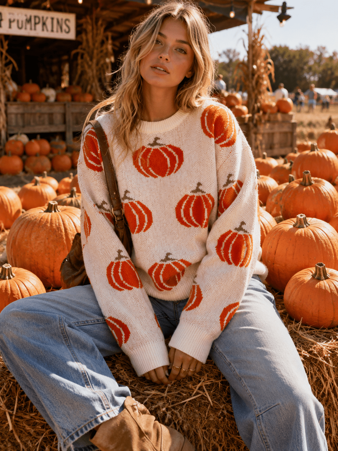 WOMEN'S LONG SLEEVE PUMPKIN PRINT PULLOVER SWEATER
