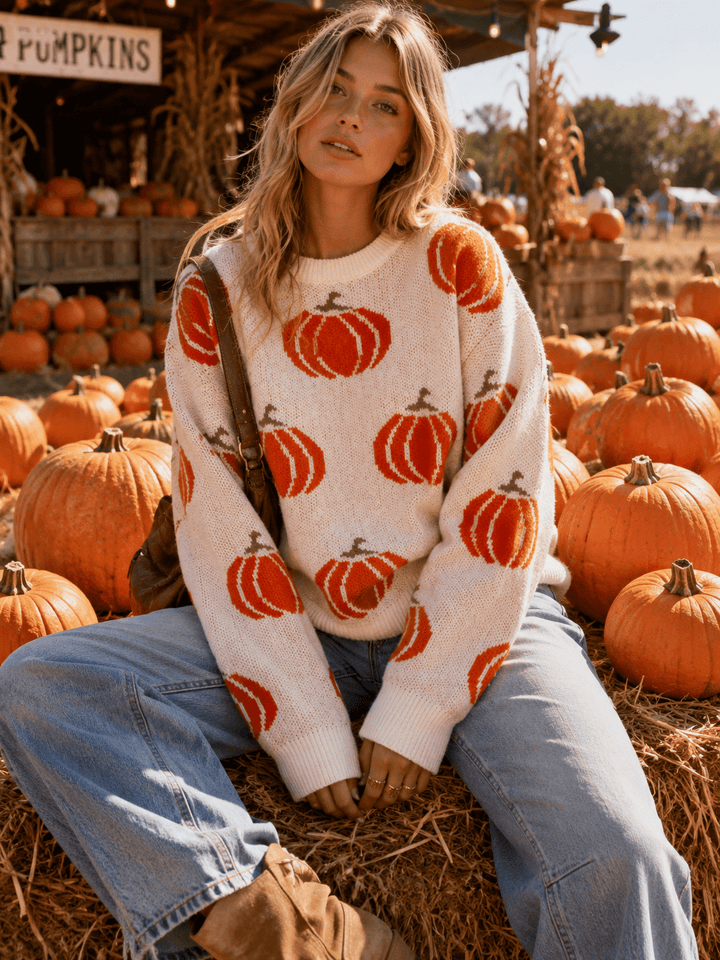 WOMEN'S LONG SLEEVE PUMPKIN PRINT PULLOVER SWEATER