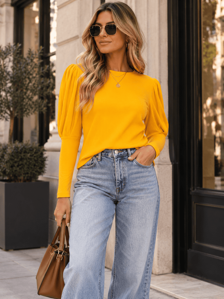 WOMEN'S LONG PUFF SLEEVE RIBBED BLOUSE