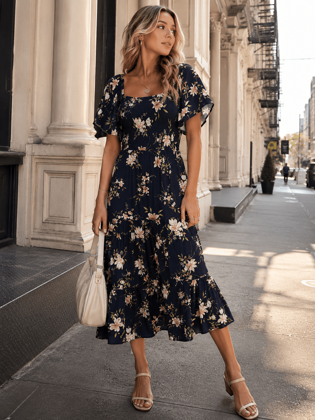 WOMEN'S SHORT SLEEVE SQUARE NECK SMOCK FLORAL PRINT MAXI DRESS