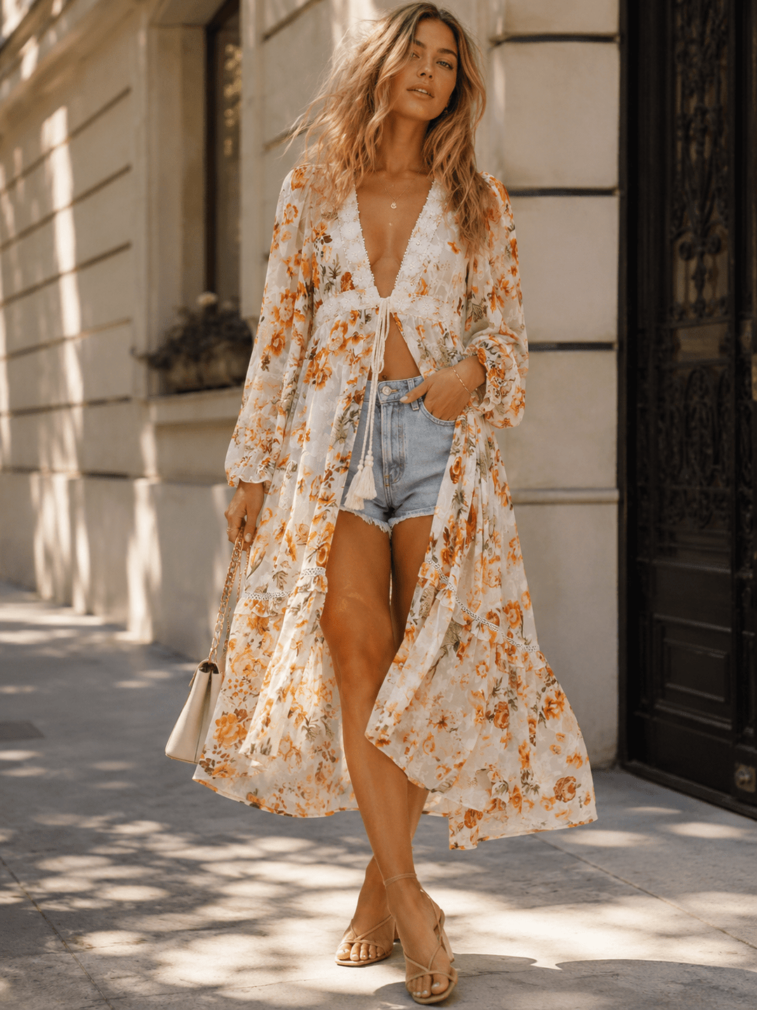 BEULAH WOMEN'S LONG SLEEVE FRONT TIE FLORAL KIMONO