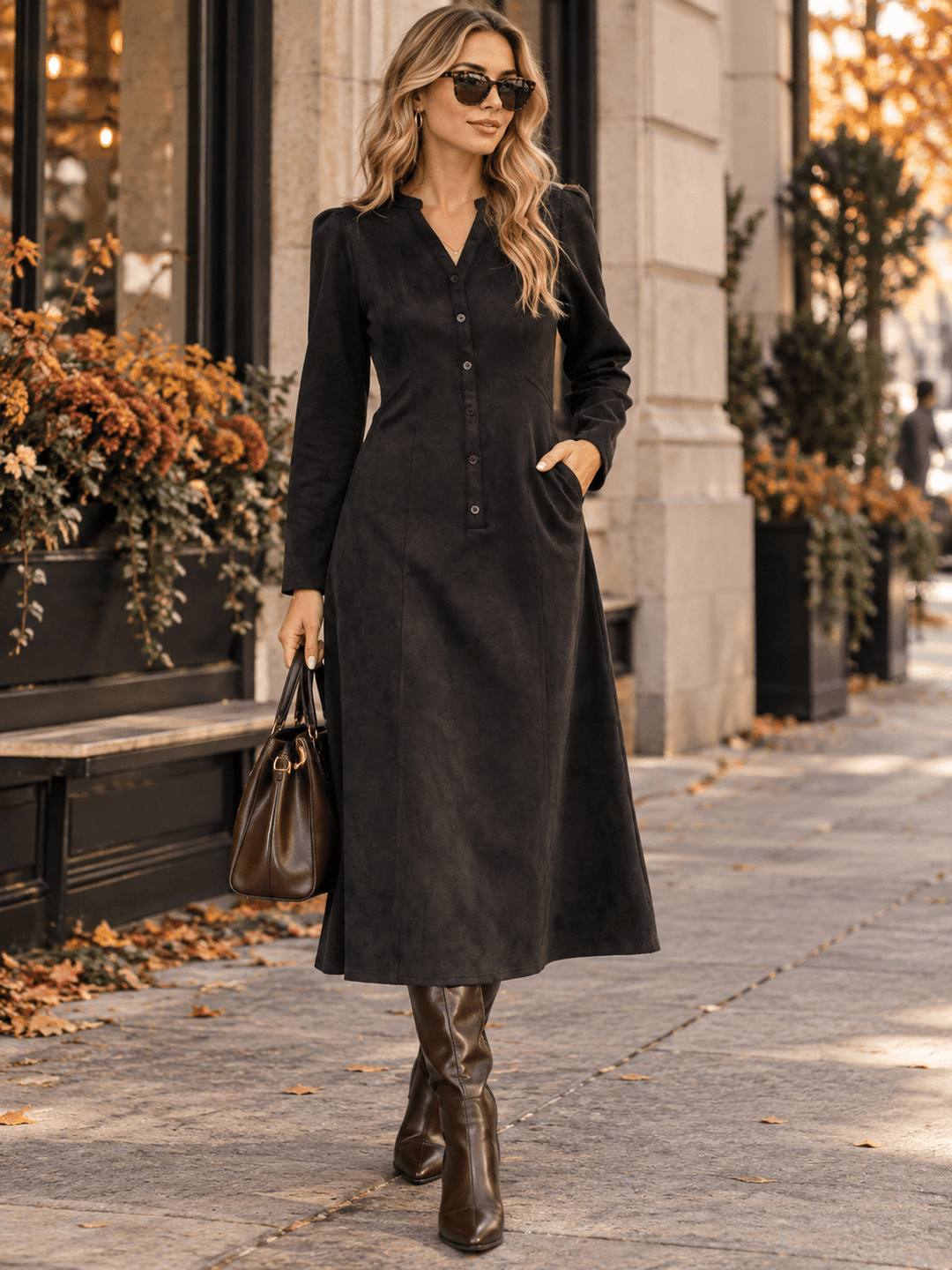 WOMEN'S LONG SLEEVE V-NECK BUTTON UP FRONT POCKETS VELVET MAXI DRESS