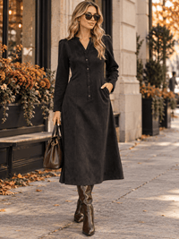 WOMEN'S LONG SLEEVE V-NECK BUTTON UP FRONT POCKETS VELVET MAXI DRESS
