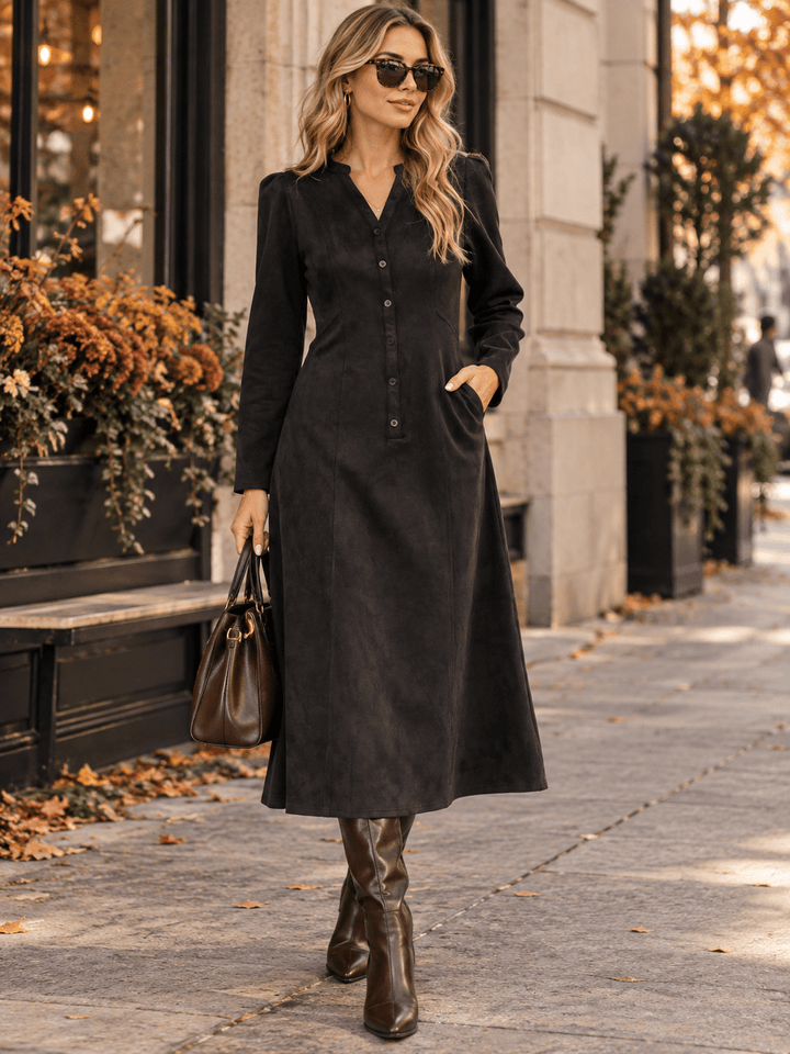 WOMEN'S LONG SLEEVE V-NECK BUTTON UP FRONT POCKETS VELVET MAXI DRESS
