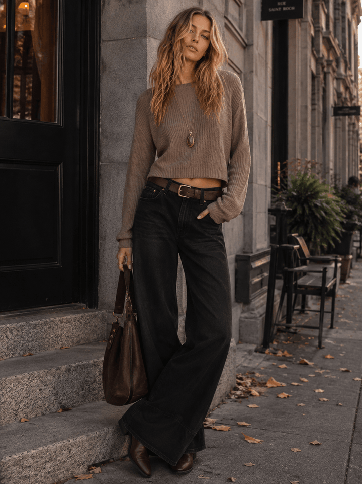 WOMEN'S LONG SLEEVE KNIT PULLOVER CROP SWEATER