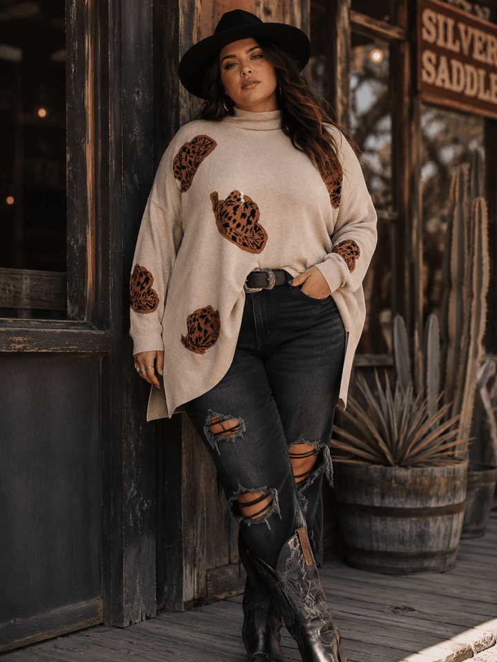 PLUS SIZE LONG SLEEVE MOCK NECK GRAPHIC PULLOVER OVERSIZED SWEATER