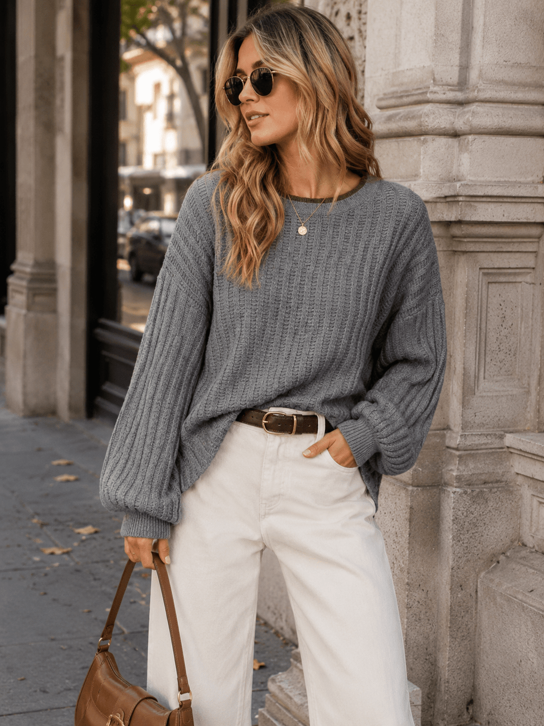 WOMEN'S LONG BELL SLEEVE PULLOVER RIBBED SWEATER