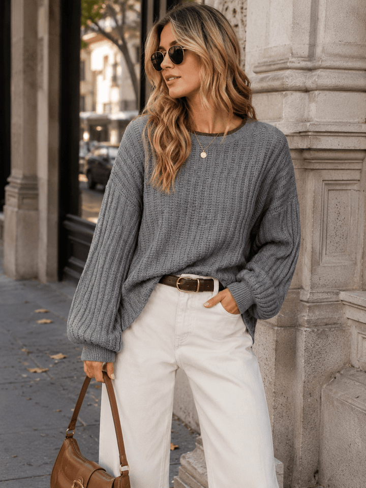 WOMEN'S LONG BELL SLEEVE PULLOVER RIBBED SWEATER